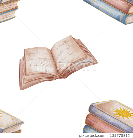 Seamless watercolor pattern with open and closed books. Vintage literary design featuring book decorated with gold sun. Isolated on white background. Elegant illustration for library academic themes Seamless watercolor pattern with open and closed books. Vintage literary design featuring book decorated with gold sun. Isolated on white background. Elegant illustration for library academic themes 133778815