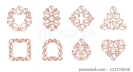 Coffee Bean Line Art Set. Minimal Outline Icons, Logo Frames and Decorative Shapes for Branding in a Vector Illustration 133778838