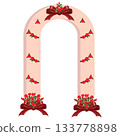 A wedding arch decorated with three red bows at the base and top, as well as three bright red roses. 133778898