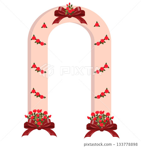 A wedding arch decorated with three red bows at the base and top, as well as three bright red roses. A wedding arch decorated with three red bows at the base and top, as well as three bright red roses. 133778898