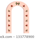 A wedding arch decorated with pink and red roses.  133778900