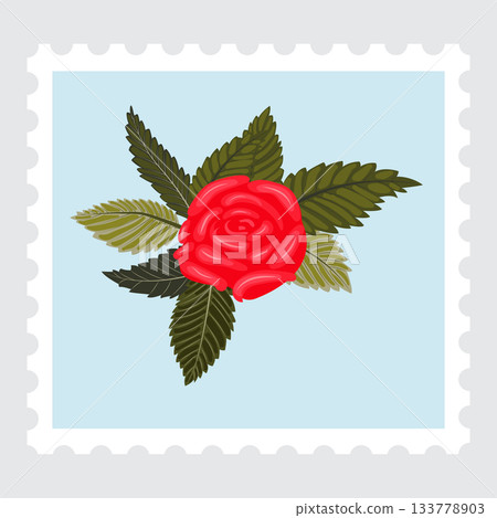 Postage stamp depicting a graceful red rose. Postage stamp depicting a graceful red rose. 133778903