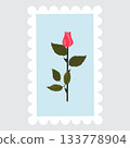 A postage stamp depicting a pink rosebud on a stem. 133778904