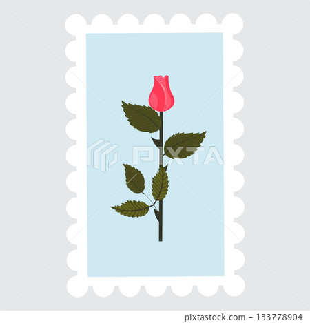 A postage stamp depicting a pink rosebud on a stem. A postage stamp depicting a pink rosebud on a stem. 133778904