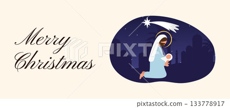 Merry Christmas Web Banner Featuring Joseph Holding Baby Jesus under a Starry Night Sky with the Star of Bethlehem 133778917