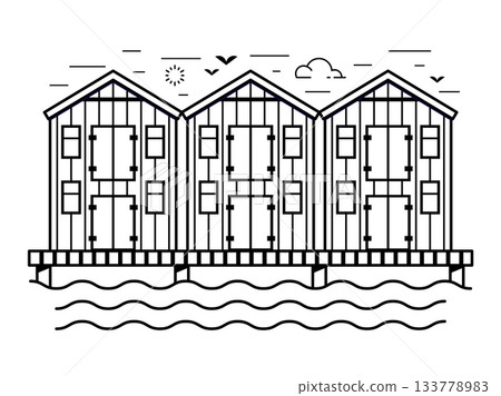 Surfing Beach Huts Seaside Icon in Line Art 133778983