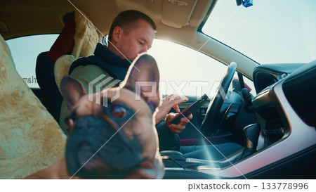 Man Sitting in Car with a Dog, Engaged with a Tablet Device, Capturing a Moment of Connection Between Pet and Owner Against a Bright Background of a Sunny Day 133778996