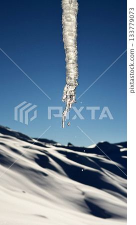 Frozen Piece of Icicle in the Mountains , Close-up 133779073