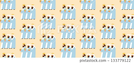 Cute Seamless Pattern with Three Wise Men Carrying Gifts Christmas Nativity Cartoon Background 133779122