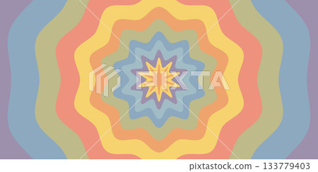 Psychedelic star sun groovy radial background in soft rainbow colors with abstract wavy lines. Groovy radial psychedelic pattern. Ideal for wallpaper, branding, prints Psychedelic star sun groovy radial background in soft rainbow colors with abstract wavy lines. Groovy radial psychedelic pattern. Ideal for wallpaper, branding, prints 133779403