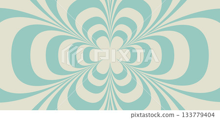 Retro flower background with teal and white curved lines creating a groovy optical pattern. Psychedelic vintage style with flowing symmetry. Vector illustration. 133779404