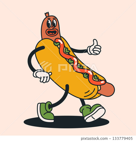 Retro hot dog character in a playful cartoon style with smiley face and lively walking pose. Groovy food illustration for stickers, branding, menus and fun vintage themed designs 133779405