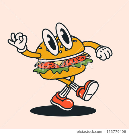 Groovy retro burger character with playful face and funky 70s aesthetic, Vintage food illustration for stickers, fast food branding, stickers, and menu designs 133779406