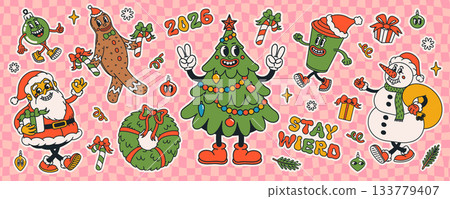 Vintage Christmas sticker collection with cheerful Santa, Christmas tree, snowman and gingerbread. Groovy cartoon retro designs perfect for festive posters, greeting cards, and seasonal decorations 133779407