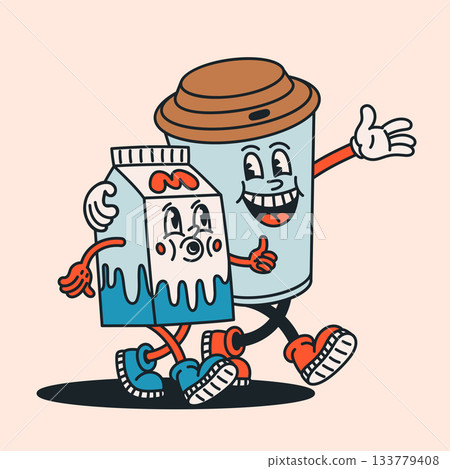 Coffee and milk walking together, cheerful groovy character duo in retro cartoon style. Vintage drink characters with lively poses and expressive faces. Perfect for playful packaging, stickers and 133779408