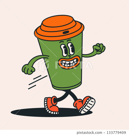 Coffee cup character in retro groovy cartoon style with expressive face. Groovy drink character design with vintage colors and playful motion. Perfect for stickers, apparel graphics and fun branding 133779409