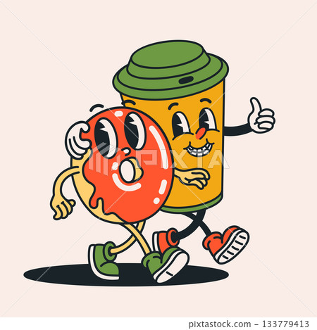 Retro groovy cartoon characters of coffee cup and donut walking together. Playful vintage style breakfast duo with bold colors and expressive faces. Vector illustration. 133779413