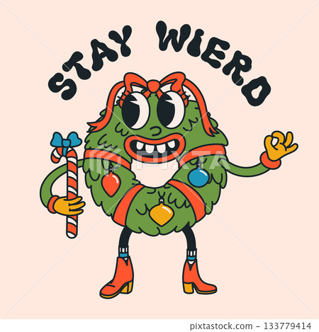 Groovy Christmas wreath character with retro cartoon face holding a candy cane. Festive wreath design with ornaments, boots and playful holiday style. Vector illustration. Groovy Christmas wreath character with retro cartoon face holding a candy cane. Festive wreath design with ornaments, boots and playful holiday style. Vector illustration. 133779414