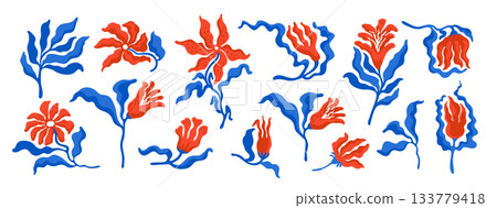 Wildflower vector set with red floral shapes and blue leaves. Decorative spring plants in a flat modern style. Design element for cards, posters, prints, and creative botanical projects. 133779418
