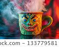 Cheerful coffee cup with steam rising in a warm setting 133779581