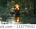 Skeletal figure rises from swamp waters with glowing eyes in dark setting 133779582