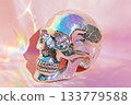 Crystalline puzzle skull reflecting rainbow light in peaceful indoor setting 133779588