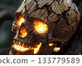 Wooden skull with glowing cracks revealing sunlight in creative display 133779589