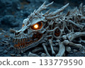 Skeletal dragon skull with glowing eyes resting on rocky landscape at dusk 133779590