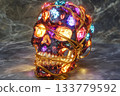 Glowing gemstone skull resting on dark surface with intricate details 133779592