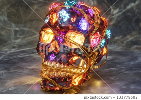 Glowing gemstone skull resting on dark surface with intricate details Glowing gemstone skull resting on dark surface with intricate details 133779592