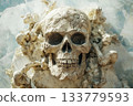 Skull carved from stone with crossbones design in a minimalistic setting 133779593