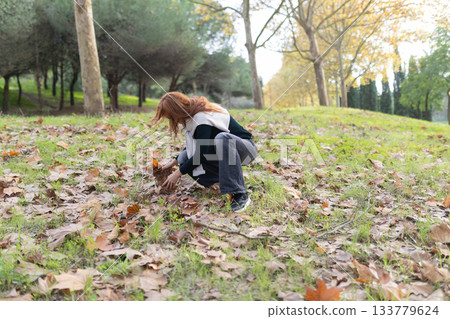 Woman collecting dry autumn leaves in park 133779624