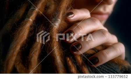 Close-up of a hand with dark brown nail polish gently touching or holding thick, textured orange-brown dreadlocks. 133779652