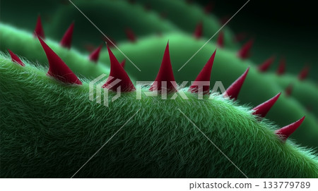 Extreme close-up macro photograph of a vibrant green, hairy plant surface with multiple sharp, red thorns or spikes protruding from it. 133779789