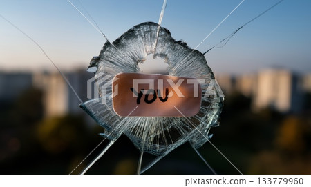 Shattered glass with an impact hole covered by a bandage with the word "YOU" written on it, set against a blurred city background. 133779960