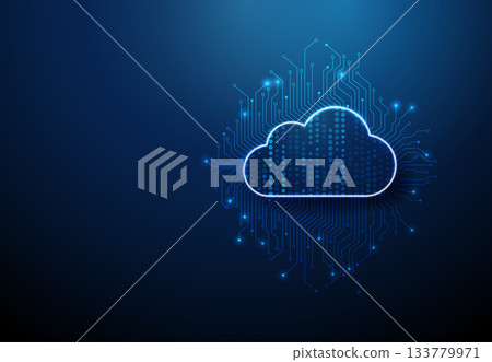 Cloud icon with streams of blue dots inside and circuit-like lines. Data storage, network infrastructure, microchip technology, information flow, online backup, AI concept. Cloud icon with streams of blue dots inside and circuit-like lines. Data storage, network infrastructure, microchip technology, information flow, online backup, AI concept. 133779971