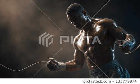 Muscular, sweating boxer fiercely skips rope during intense gym training, low-light dramatic profile shot emphasizing dedication and raw athletic power. 133779974