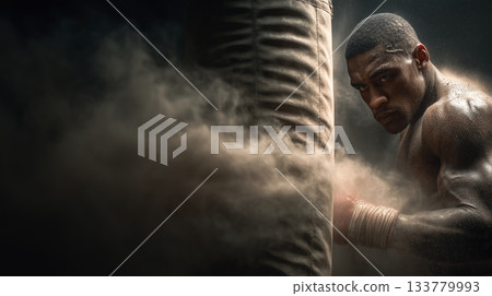 Powerful boxer strikes a heavy punching bag, creating an explosive dust cloud in a dramatic low-key setting, capturing raw force and focused intensity. 133779993