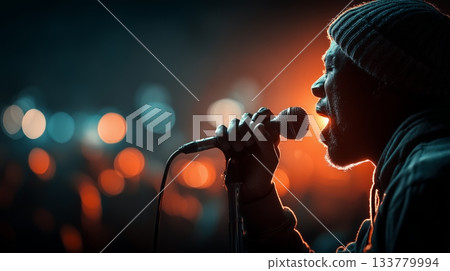 Profile close-up of a passionate male speaker talking intensely into a microphone, capturing the dynamic energy and emotion of a performance, speech, or presentation. 133779994