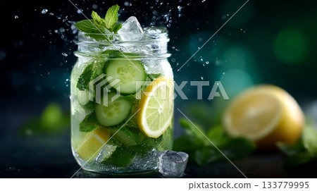 Refreshing detox infused water with cucumber slices, lemon, mint leaves, and ice cubes in a jar, with splashing water droplets. Refreshing detox infused water with cucumber slices, lemon, mint leaves, and ice cubes in a jar, with splashing water droplets. 133779995