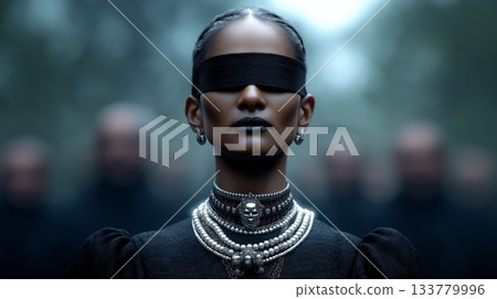 Regal, striking portrait of a dark-skinned woman blindfolded, wearing a pearl necklace with a skull pendant, against a blurred group of people. Regal, striking portrait of a dark-skinned woman blindfolded, wearing a pearl necklace with a skull pendant, against a blurred group of people. 133779996