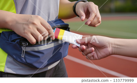 Athlete taking an energy gel or glucose sachet from a fanny pack on a running track (for blood sugar control). 133779999