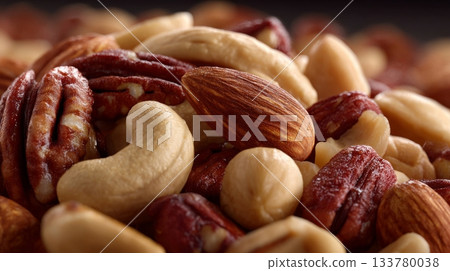 High-detail close-up of a rich mixture of nuts, including almonds, cashews, and pecans, ready for a healthy snack. 133780038