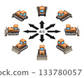 The orange bulldozers in game style in different angles in isometric view. 133780057