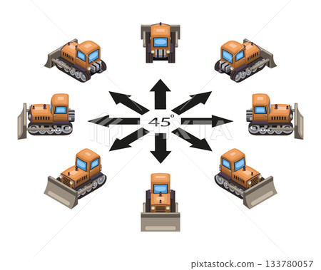 The orange bulldozers in game style in different angles in isometric view. 133780057