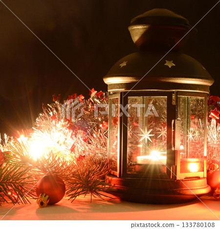 Christmas Lantern and Warm Holiday Decorations with Dramatic Lighting Christmas Lantern and Warm Holiday Decorations with Dramatic Lighting 133780108