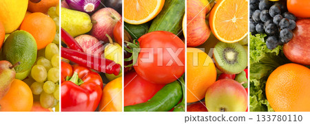 Collage of Fresh Ripe Fruits and Vegetables Background Collage of Fresh Ripe Fruits and Vegetables Background 133780110