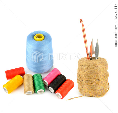 Colorful Sewing Threads and Craft Tools Isolated on White 133780112