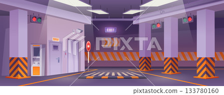 Underground parking. Urban garage interior with different specific markers and barriers for cars exact vector cartoon background 133780160
