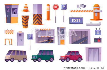Parking. Different signs traffic barriers sidewalks exact vector undergrounf parking 133780161